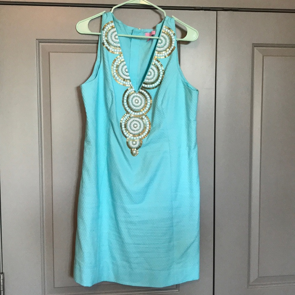 Lilly Pulitzer Aqua Embellished Halter Shift Dress